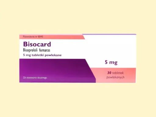 Opakowanie leku Bisocard, zawierające 30 tabletek 5 mg bisoprololu fumaranu, stosowane na nadciśnienie i inne schorzenia serca.