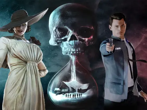 Kobieta w kapeluszu, klepsydra z czaszką i domkiem w środku, oraz android z pistoletem. Klimat gier podobnych do Until Dawn.