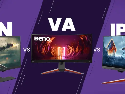 Comparaison d'écrans : TN, VA et IPS. L'écran VA BenQ au centre affiche un paysage futuriste.