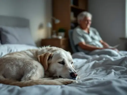 Mon chien, un labrador doré, dort sur le lit. Il me réveille la nuit pour faire ses besoins, mais il est si mignon que je ne peux pas lui en vouloir.