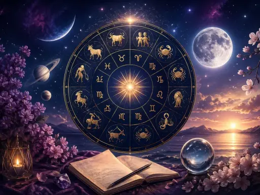 Zodiakalny horoskop miesięczny dla Bliźniąt, otoczony kosmicznym krajobrazem z księżycem i planetami.