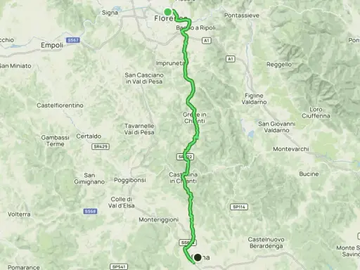 Mappa della strada chiantigiana, un percorso tortuoso che attraversa colline e borghi tra Firenze e Siena.