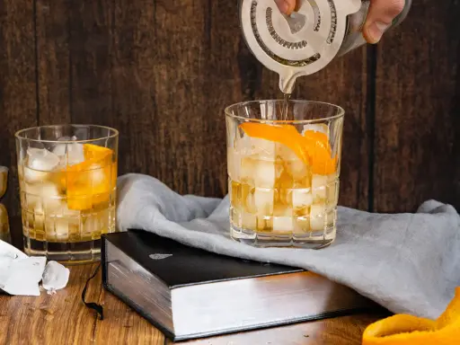 Ein Old Fashioned wird zubereitet, Eiswürfel und Orangenschale zieren das Glas. Ein altes Rezept wird lebendig.