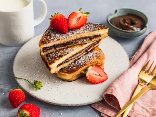 Gestapelte French Toast mit Nutella, bestäubt mit Puderzucker und garniert mit frischen Erdbeeren. Ein Glas Milch und eine Schüssel Nutella im Hintergrund.
