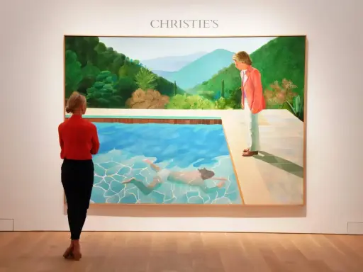 A woman in red observes David Hockney's iconic pool painting at Christie's, a testament to his significant david hockney net worth.
