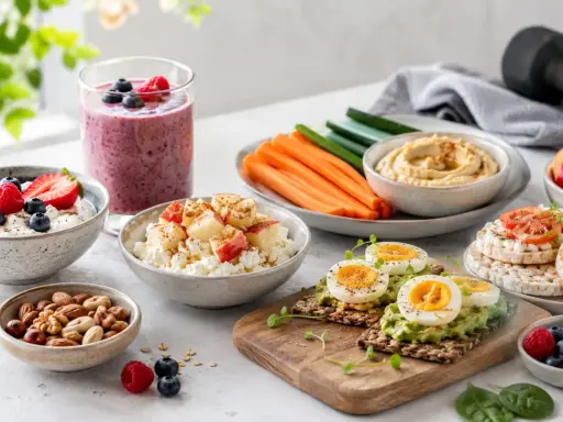 En härlig samling av nyttiga alternativ för ett bra mellanmål: smoothie, kvarg med bär, äggmackor, grönsaksstavar med hummus och nötter.