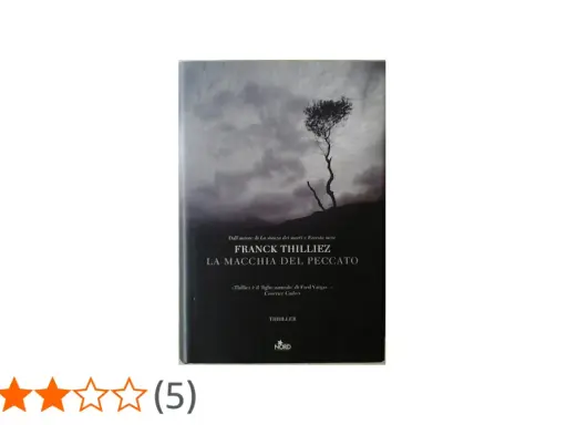 Copertina del libro "La macchia del peccato" di Franck Thilliez. Un albero solitario su uno sfondo nuvoloso evoca un'atmosfera cupa.