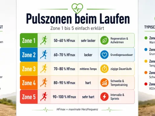 Grafik erklärt Pulszonen beim Laufen für besseres Laufen: Zone 1 (Warm-up) bis Zone 5 (Sprint) mit Sprechtest und typischer Nutzung.