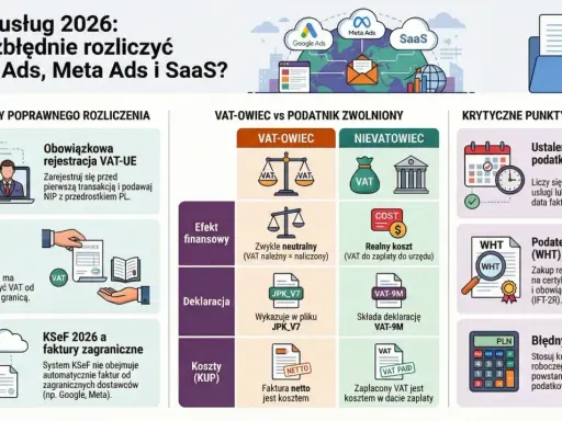Import usług 2026: rozliczenie Google Ads, Meta Ads i SaaS. Kluczowe punkty: rejestracja VAT-UE, mechanizm odwrotnego obciążenia, KSeF, VAT-owiec vs zwolniony, podatki.