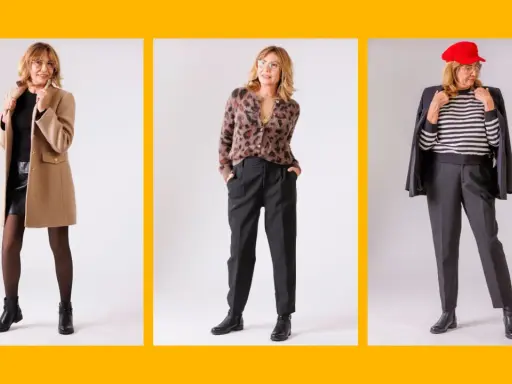 Elegancka kobieta prezentuje trzy stylizacje. Modne propozycje dla kobiet 60 plus: płaszcz, sweter w panterkę i marynarka z beretem.