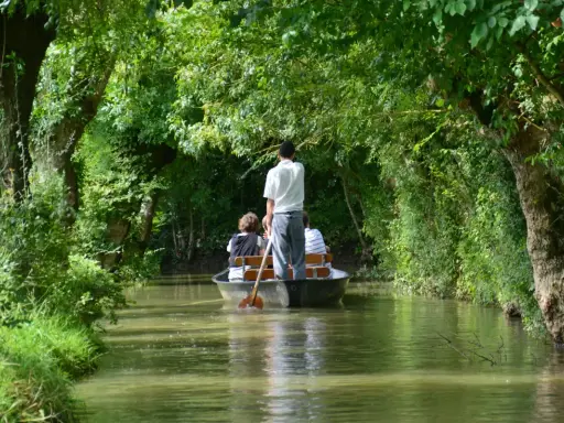 Une petite barque navigue sur un canal bordé d'arbres luxuriants. Un homme debout manœuvre la barque avec une rame, transportant des passagers.