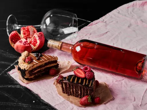 Dwa kawałki czekoladowego ciasta, granat i butelka czerwonego wina. Zastanawiasz się, jaki alkohol do tiramisu? Może to wino?