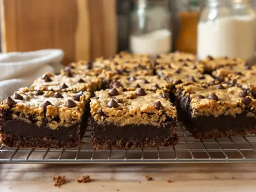 Une rangée de délicieux brookies, parfaits pour une recette facile. Le brownie chocolaté rencontre la pâte à cookie, le tout garni de pépites de chocolat.