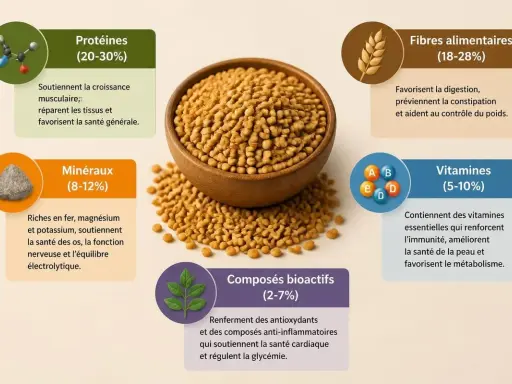 Graines de fenugrec dans un bol, entourées d'informations sur leurs protéines, fibres, minéraux, vitamines et composés bioactifs. Les fenugrec bienfaits sont nombreux pour la santé.