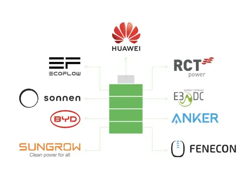 Logos verschiedener Hersteller von energie speicher-Systemen, die mit einer zentralen Batterie verbunden sind.