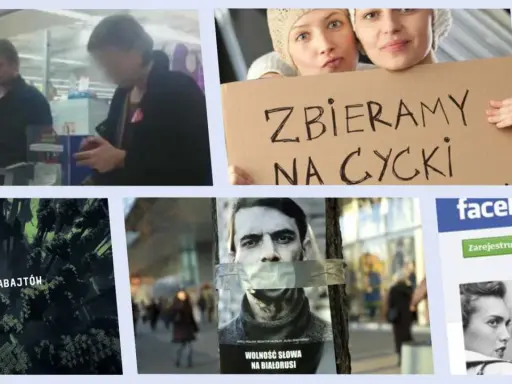 Przykłady reklam społecznych: dwie kobiety z transparentem, plakat z zaklejoną taśmą twarzą, ekran Facebooka, zdjęcie lasu z napisem "19 gigabajtów".