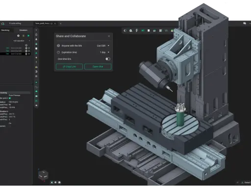 Interfaccia di progettazione CAD per fresatura a 5 assi, con modello 3D di una macchina utensile e dettagli di setup.