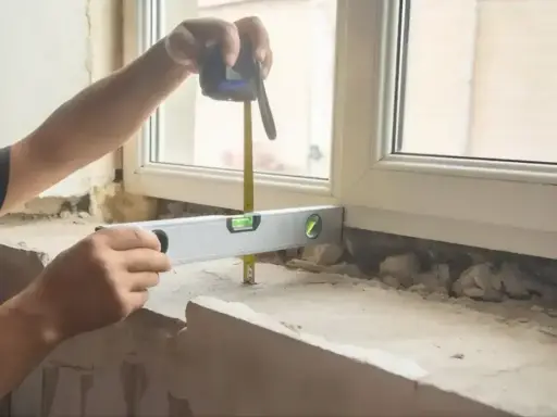 Ręce mierzą taśmą i poziomują, by wiedzieć, jak zmierzyć parapet wewnętrzny.