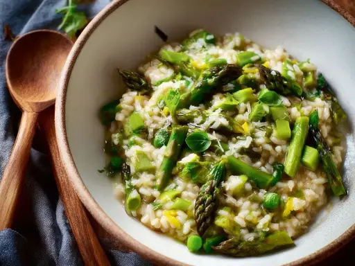 En krämig sparris risotto med gröna ärtor och toppad med parmesan. Perfekt för en lätt lunch eller middag.