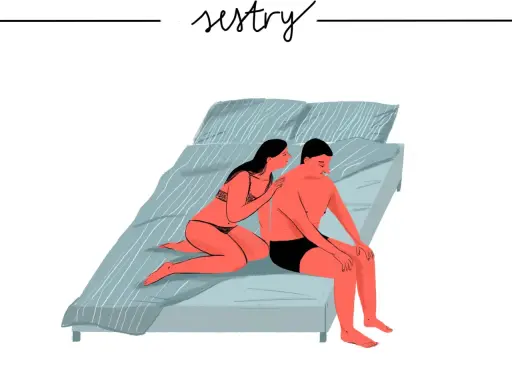 Para przykładów sextingu, kobieta w bieliźnie siedzi na łóżku obok mężczyzny.