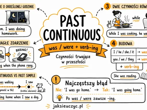 Ilustracja wyjaśnia, kiedy past continuous jest używany: do czynności trwających w przeszłości, np. "I was doing homework".