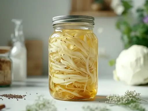 Ein Glas mit spitzkohl fermentieren, gefüllt mit fein geschnittenem Kohl und Gewürzen, bereit für die Gärung.