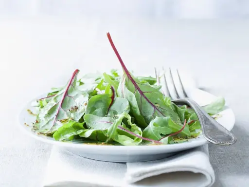 Frischer Mangoldsalat mit roten Stielen, beträufelt mit einem leichten Dressing, bereit zum Genießen.
