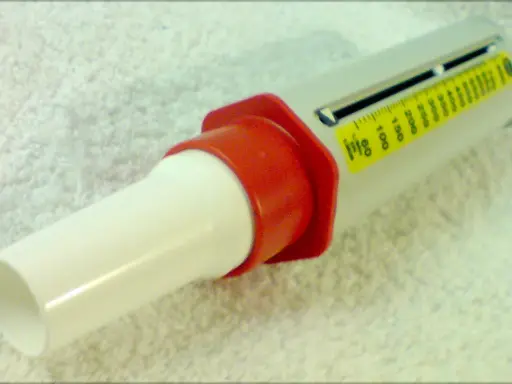 Nahaufnahme eines Peak-Flow-Meters mit Skala und rotem Mundstück.