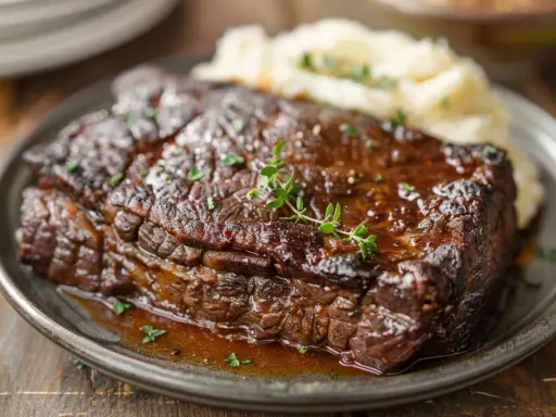 Un plat de jarret de boeuf braisé, tendre et savoureux, servi avec une purée de pommes de terre crémeuse et garni de thym frais.