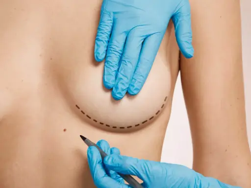 Mani guantate disegnano il contorno per una mastoplastica additiva, segnando il percorso per un futuro miglioramento.