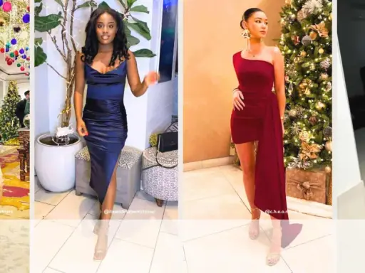 Four women showcase festive outfits, perfect for a Christmas party dress code. From elegant gowns to chic separates, they embody holiday glamour.