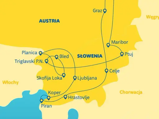 Mapa Słowenii z zaznaczonymi miastami: Bled, Lublana, Piran. Trasa prowadzi przez Austrię, Włochy i w kierunku Chorwacji.