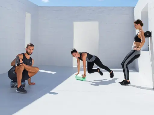 Drei Sportler nutzen eine **blackroll vor oder nach dem Training**. Ein Mann dehnt sich, eine Frau macht Mountain Climbers, die andere lehnt sich an die Wand.
