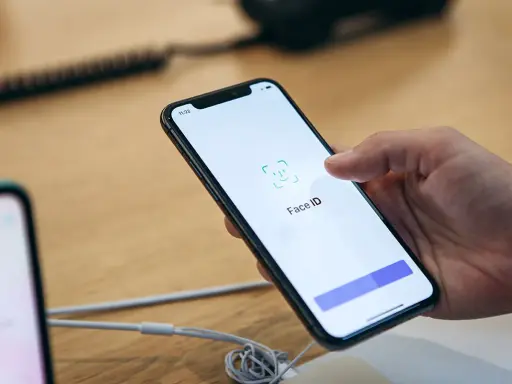 Dłoń trzyma iPhone'a z włączonym ekranem Face ID.