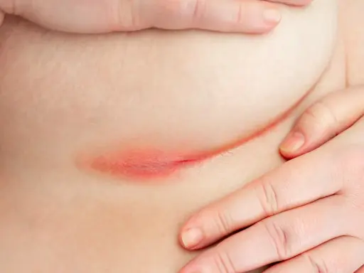 Arrossamento e irritazione cutanea sotto il seno, sintomo di dermatite da sudore. Mani che accarezzano delicatamente la zona interessata.