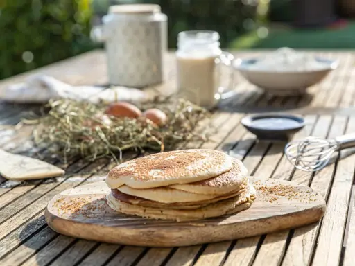 Tortitas de avena recién hechas, apiladas en una tabla de madera. Ingredientes como huevos y leche sugieren un desayuno casero.