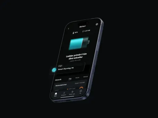 En mobilskärm visar Tibber Sungrow-appen, med batteristatus och smart styrning aktiverad.