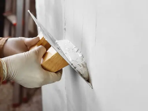 Manos enguantadas aplican yeso a una pared con una llana. La pregunta es: cuanto tarda en secar el yeso.