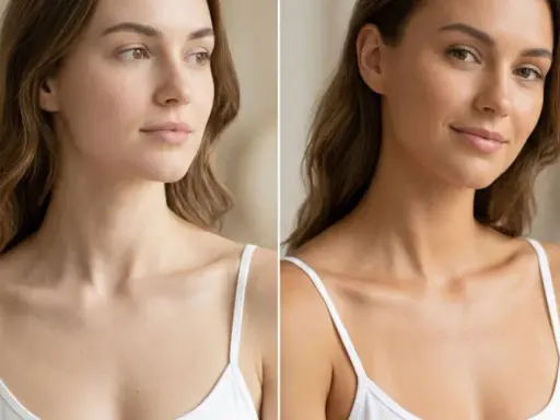 Comparación de piel: antes y después de un bronceado. La piel naranja de la cara se ve más radiante y saludable.