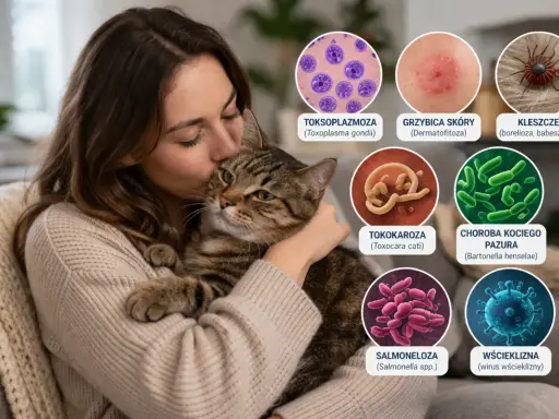 Kobieta tuli kota, a obok grafiki ilustrujące, jakie choroby przenoszą koty: toksoplazmoza, grzybica, kleszcze, tokokaroza, choroba kociego pazura, salmonella, wścieklizna.