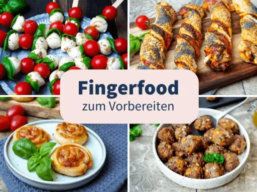 Vier Collagen zeigen Fingerfood: Caprese-Spieße, herzhafte Teigschnecken, Hackbällchen und Blätterteigstangen. Perfekt für kalte Gerichte zum Vorbereiten!