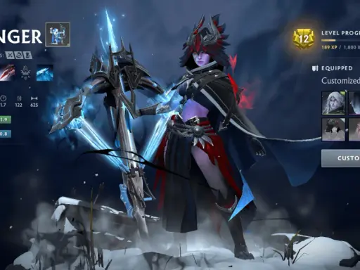 Drow Ranger z arcaną, lodowym łukiem i zimową zbroją. Postać w grze Dota 2.