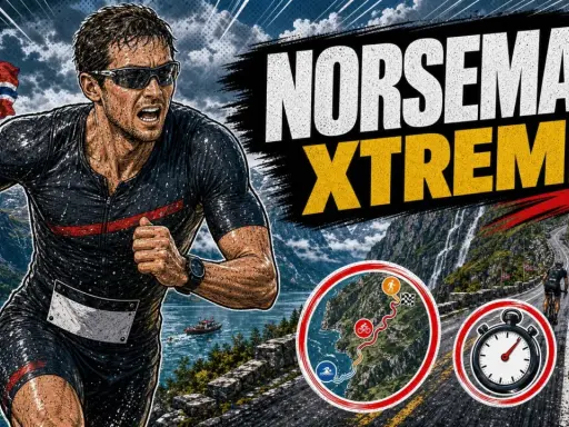 Ein Läufer beim Norseman Xtreme Triathlon in Norwegen. Schwimmen, Radfahren und Laufen in atemberaubender Fjordlandschaft.