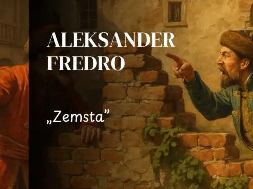 Dwaj mężczyźni w strojach historycznych, jeden w czerwonym, drugi w niebieskim, kłócą się na tle ceglanego muru.