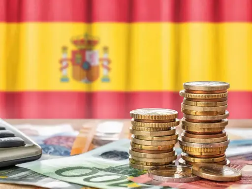 Monedas y billetes sobre una mesa, con la bandera de España de fondo. Una calculadora a la izquierda. Reflexión sobre qué son los tributos.