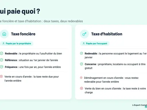 Comparaison taxe foncière et taxe d'habitation. La taxe foncière est payée par le propriétaire, la taxe d'habitation par l'occupant.