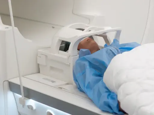 Pacjent w niebieskim fartuchu leży w aparacie MRI, przygotowany do badania głowy. Może to być związane z podejrzeniem nieprawidłowego rezonansu głowy.