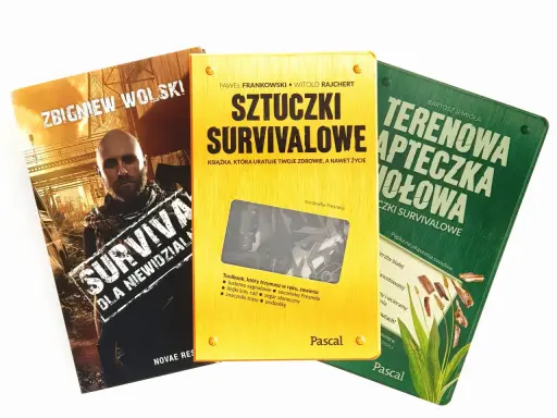 Trzy książki o tematyce survivalowej: "Sztuczki survivalowe", "Survival dla niewidzialnych" i "Terenowa apteczka wołowa".