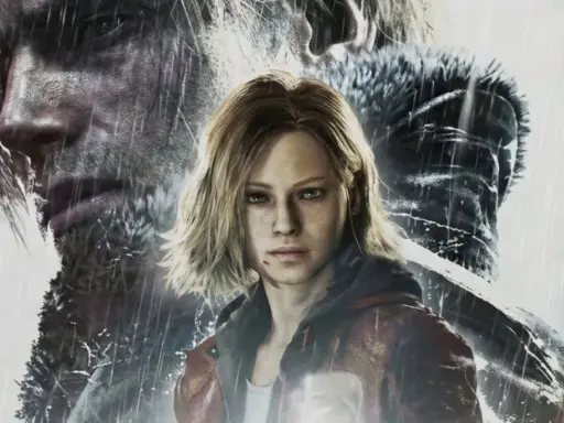 Młoda kobieta i mężczyzna w deszczu, tło sugeruje atmosferę Resident Evil Outbreak.