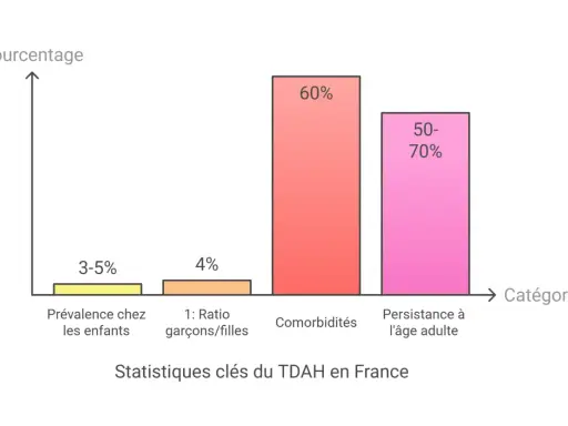 Graphique montrant les statistiques clés du TDAH en France : prévalence chez les enfants (3-5%), ratio garçons/filles (4%), comorbidités (60%), et persistance à l'âge adulte (50-70%). Un test TDAH ado pourrait révéler ces chiffres.
